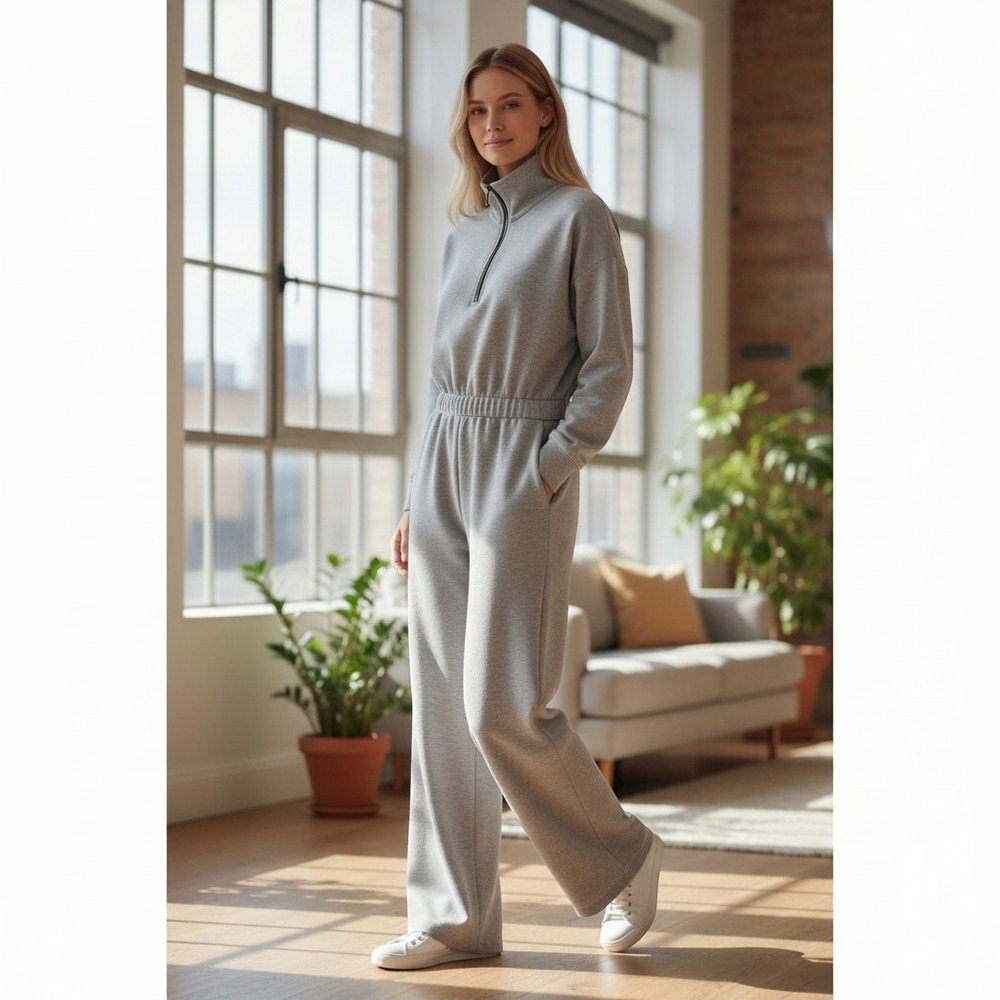 Spanx AirEssentials Jumpsuit XS Petite Gray Half Zip Wide Leg Women Loungewear